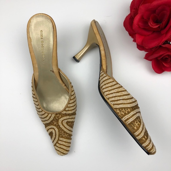 NEW Gibi Collection Beaded Mules Heels Tan Size 6 - Picture 1 of 8